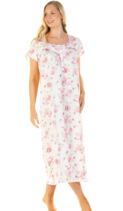 Sue Marks Luxury 100% Combed Cotton Roses Woven Long Length Short Sleeve Nightdress